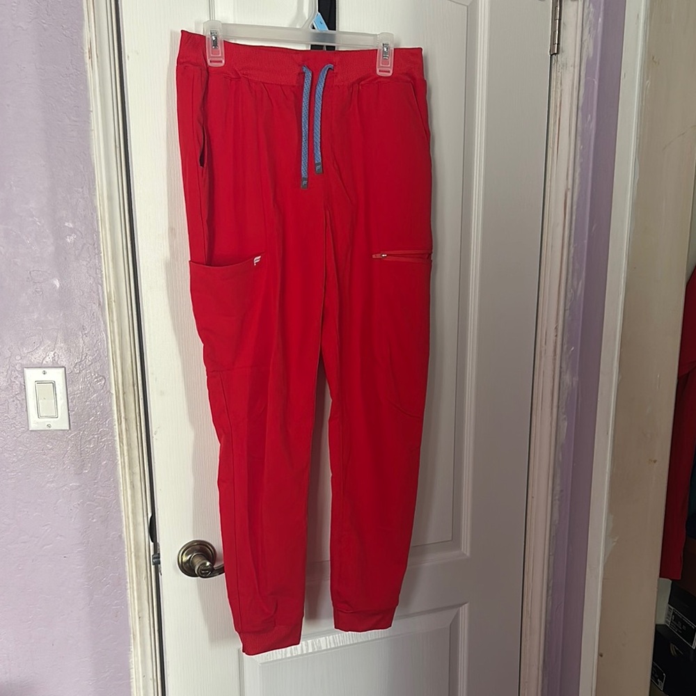 Red Jogger scrub  Pants with Blue Drawstring